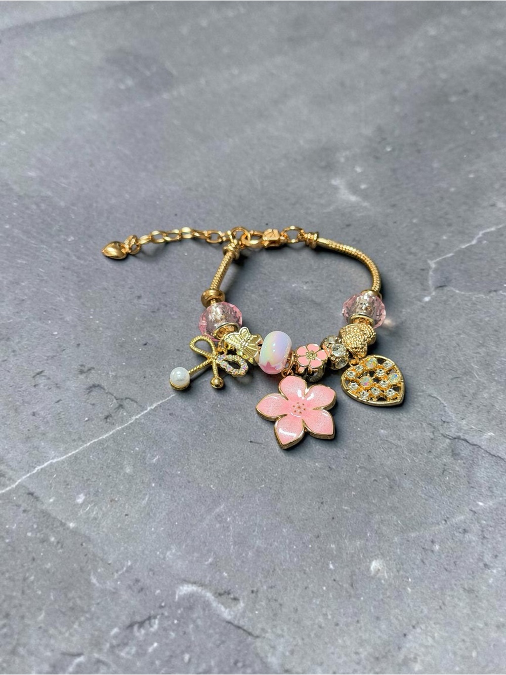 Gold Pink Floral Charm Bracelet